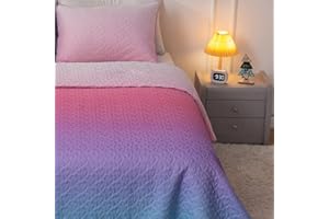 SUCHDECO Queen Quilt Bedding Sets for Girls Full Size Gradient Blue Pink Comforter Heart-Shaped Quilted Bedspread with Pillowcase for Teen Girl Woman