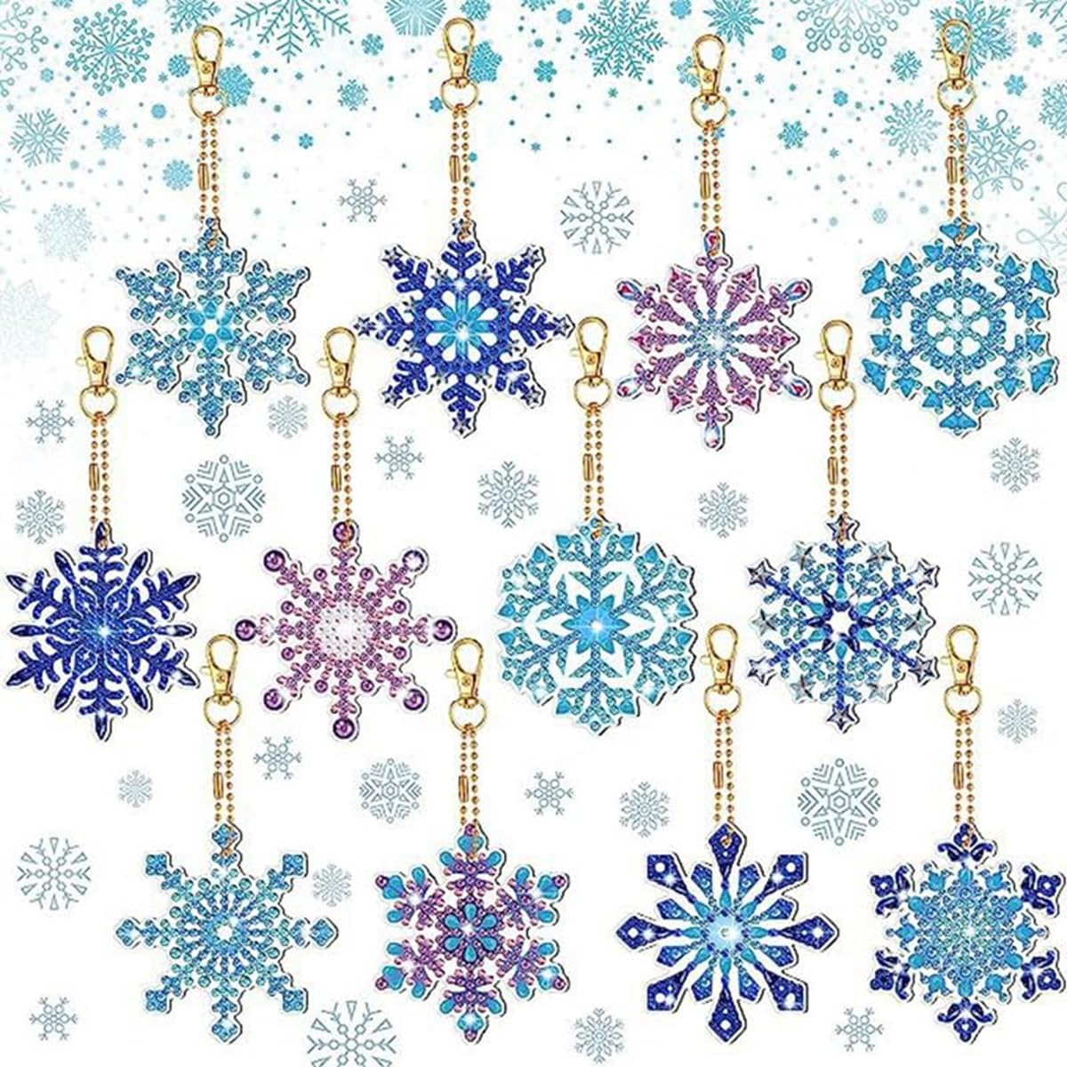 Syntego 5D Snowflake 12pcs DIY Assorted Diamond Painting Keyrings Double Sided Craft Keychain, Gifts, Phone, Bag, (Snowflakes)