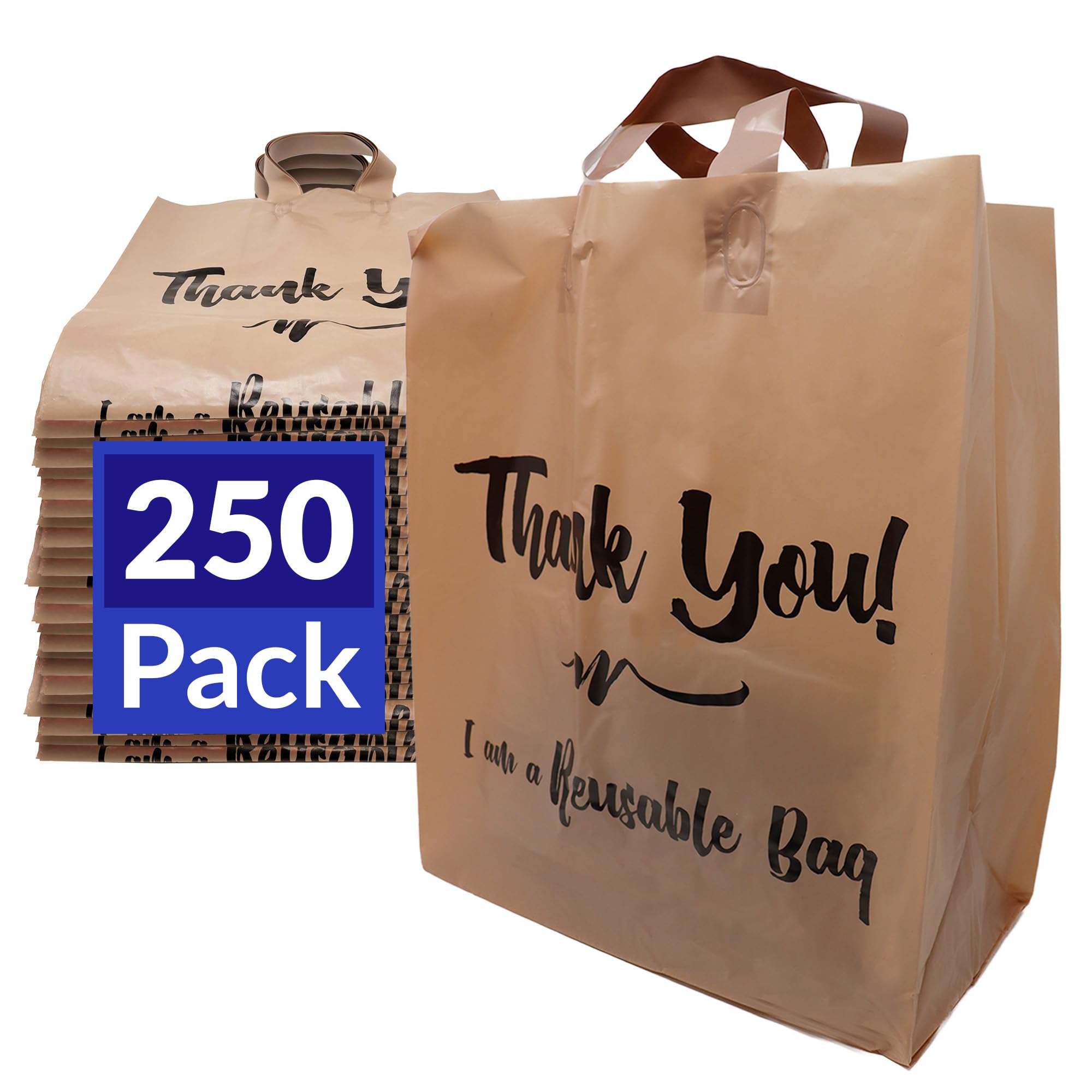 Photo 1 of Reli. Reusable Thank You Bags | 250 Pack Bulk | 2 Mil | Brown/Kraft Shopping Bags with Handles | Take out/ToGo | Food, Grocery, Retail | 12" L x 6.75" W x 14" H | Self-Standing, Gusset (Plastic)