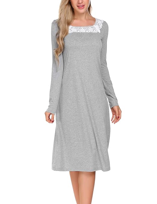 ADOME Damen Nachthemd Sleepwear Langarm A-Linie Casual Nachtkleid Nachtwäsche lang Spitze Ausschnitt Herbst Unterkleid