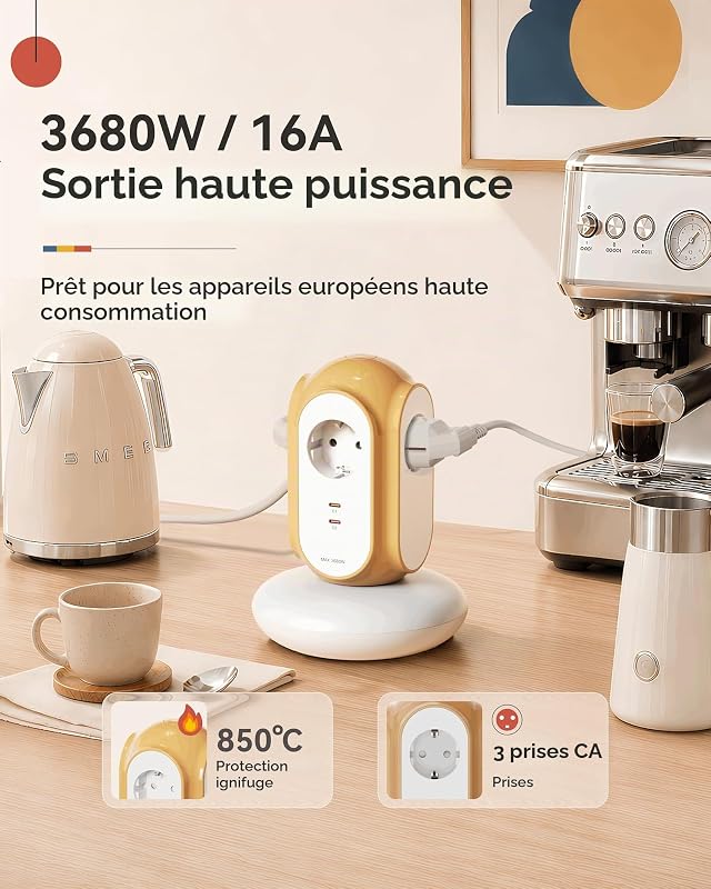 Multiprise Tour 3 Prises AC + 2 USB-C (30W), 3680W/16A, Protection 1420J, Base Anti-basculement, câble 2 m, Protection Contre Les surcharges, Compatible Type C/E/F (Vert Normandie)