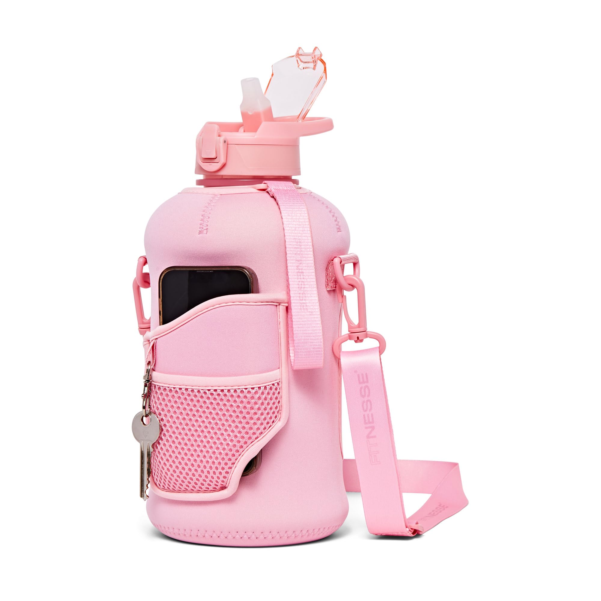 Fitnesse 2.2L Water Bottle with Straw and Covered Lid – Phone & Key Storage - Drop proof - Leak Proof - Shoulder Strap and Handle – Large Gym Water Bottle – BPA Free – Pink — image 1