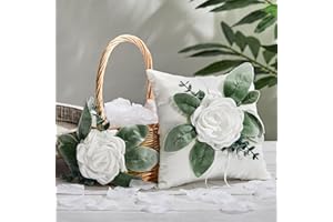 Otuuz Rustic Flower Girl Basket and Ring Bearer Pillow Set with 600 Pcs Rose Petals Flower Girl Basket Boho Rustic Flower Basket Wedding Flowers Boho Flower Girl Gift