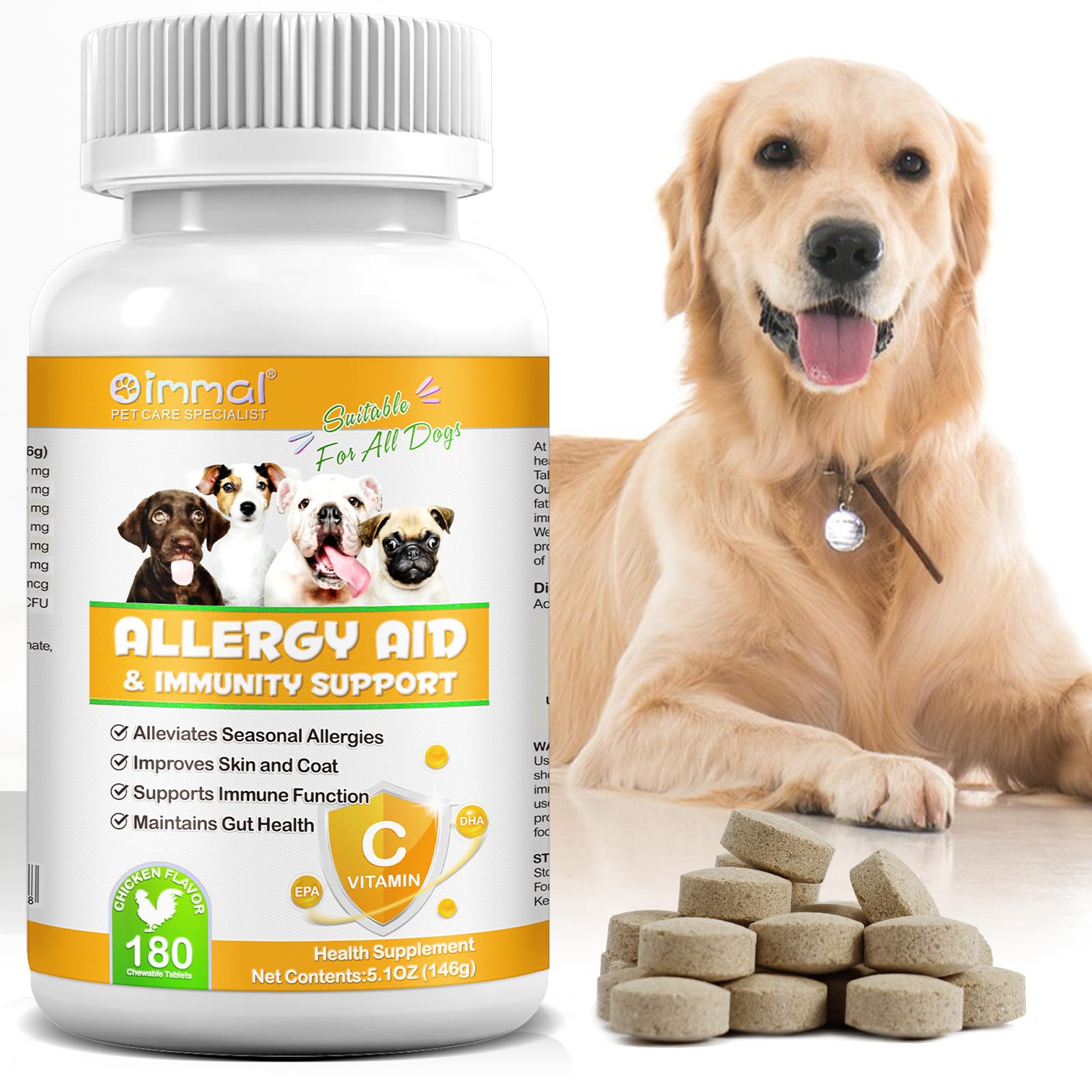Allergy Aid For Dogs,180 Pcs Allergy Tablets for Dogs,Improves Skin and Coat-Alleviates Seasonal Allergies-Supports Immune Function-Maintains Gut Health
