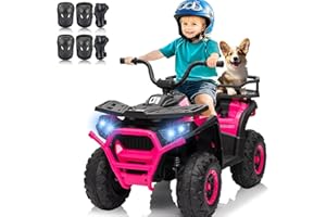 24V 4x4 Ride on Toys Car, BLISSRIDE Kids ATV Quad w/Kneepads, Bluetooth Music, LED Lights, Rear Storage Rack, Spring Suspension, Safe Soft Start&Brake, Electric 4 Wheeler for Kids Boys Girls,Rosered