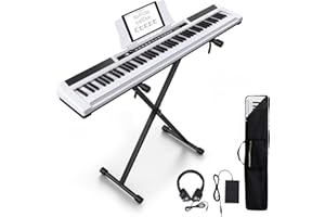 UISCOM 88 Key Digital Piano Semi Weighted Electronic Keyboard, Portable Electronic Keyboard Piano, MIDI, Stand, Case, Pedal, Headphones, (White)