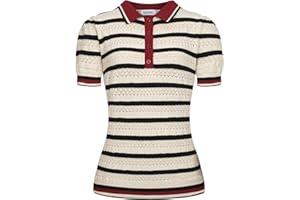 OXKnit Women's Knit Polo Shirts Short Sleeve, 1960s Mod Style Vintage Texture Stripes BeigeTops with Quarter Button