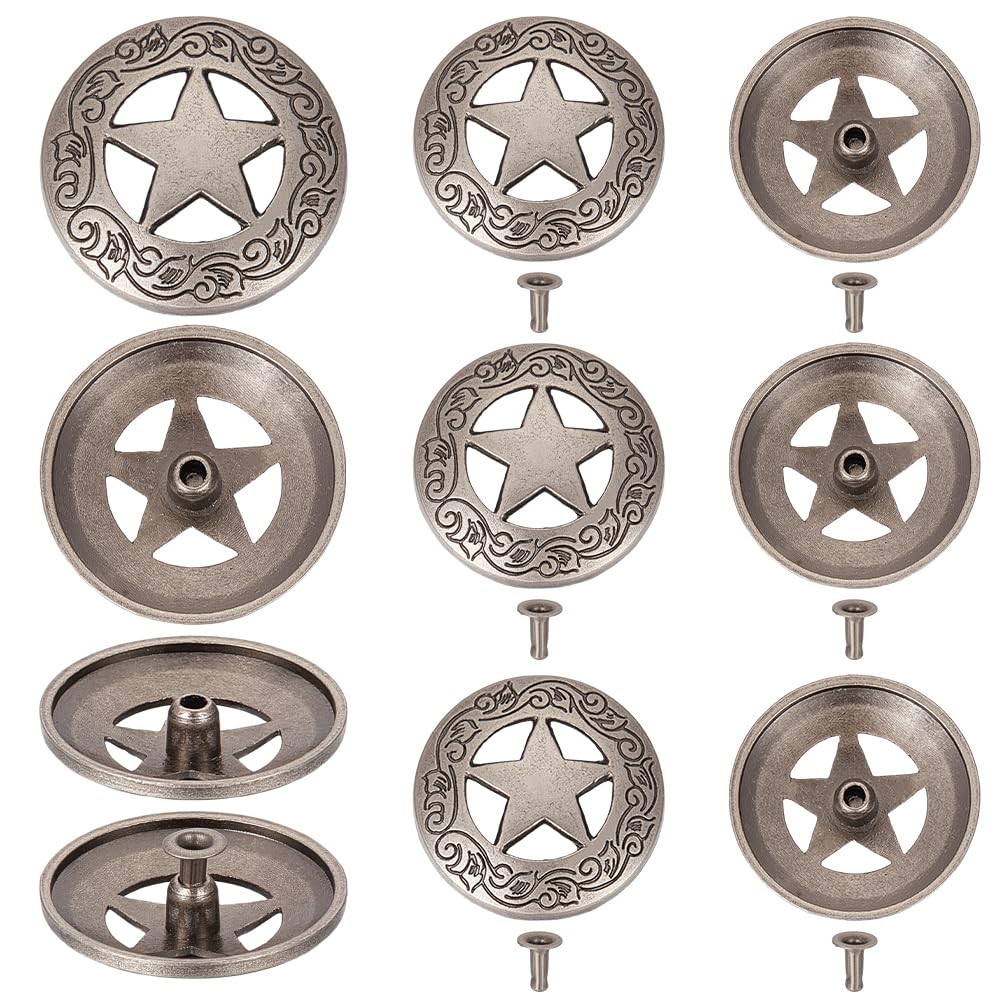 OLYCRAFT 10 Sets 28.5mm Engraved Star Concho Hollow Out Decorative Buttons Antique Silver Raised Star Engraved Concho Screw Back Button Buttons with Screws for mounting on Hats Belt Purse Bags