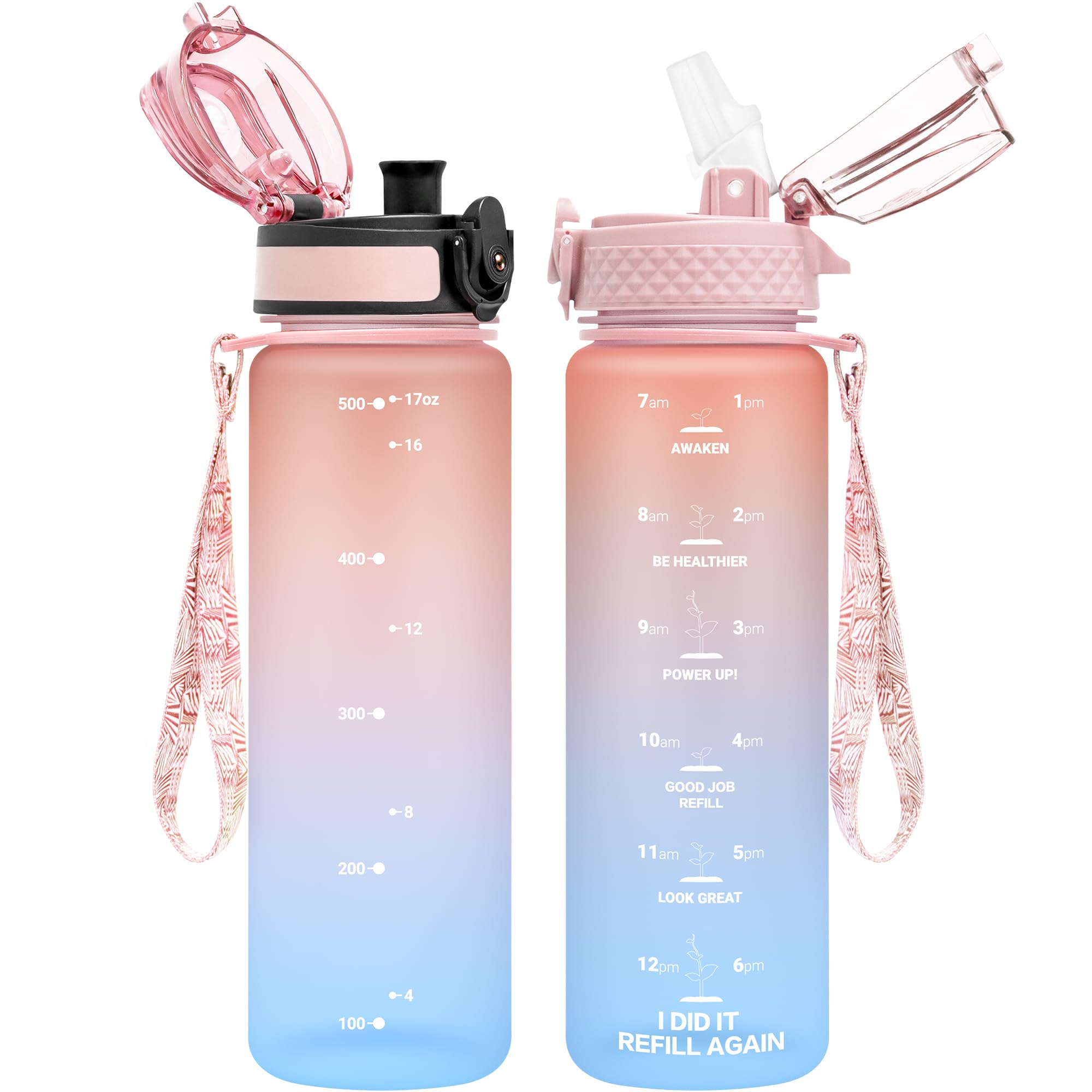 Photo 1 of OLDLEY Kids Water Bottle for School, 17 oz (2 lids) BPA-Free Reusable Leak-proof Durable Tritan Plastic Water Bottles with Straw & Chug Lids, Anti-dust Spout Cover (Pink Blue)