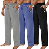 Neer 3 Pack Men's Wide Leg Pants Lounge Loose Fit Casual Lightweight Sweatpants Basic Open Bottom Drawstring with Pockets(Black, Denim Blue, Light Gray,Medium)