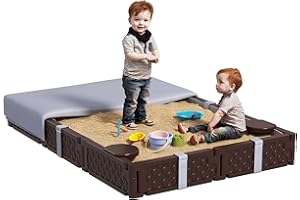 Qaba Kids Sandbox with Cover, Rectangular 73" HDPE Large Sand Pit with 4 Seats, Waterproof Bottom Liner, Weather Resistant Ou