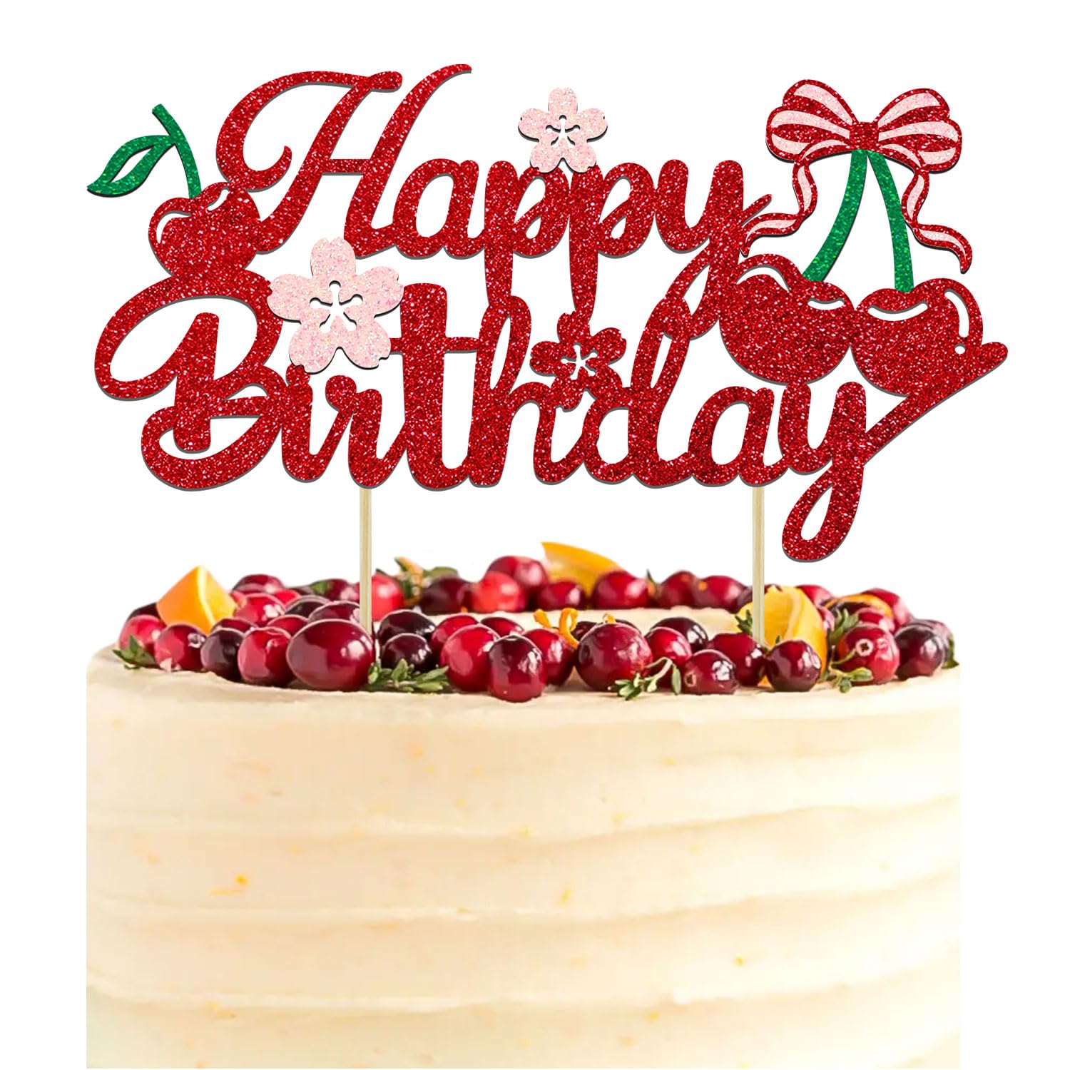 Photo 1 of Cherry Happy Birthday Cake Topper, Glitter Sweet Cherry Cake Pick for Fruits Theme Birthday Party Decorations Supplies (Happy)