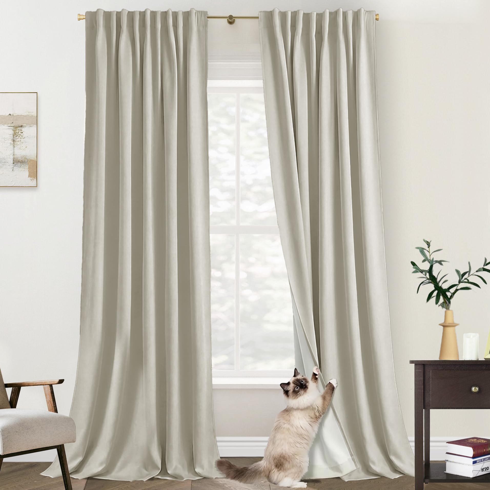 Photo 1 of 102 Inch Long Curtains, Oatmeal Polished Linen Textured Blackout Pleated Drapes for Living Room Bedroom, 2 Panels Set