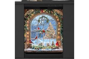 Window Christmas Cardinal Dishwasher Magnet Cover, Magnetic Dishwasher Decorate Covers,Magnetic Fridge Door Cover,Refrigerato