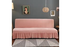 SFYZ HOME Velvet futon Cover,Armless Soft Plush Futon slipcover with Ruffle Skirt,Stretch Futon Sofa Bed Cover for Home Office Hotel (Pink,L:70-77in)