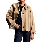ELLEVEN Womens Oversize Trench Coat, Plaid Lining Single Breasted Fall Crop Jackets with Pockets Fashion Outerwear