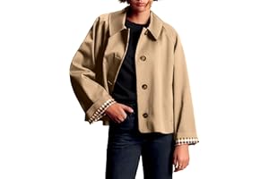 ELLEVEN Womens Crop Trench Coat, Plaid Lining Single Breasted Fall Jackets with Pockets Fashion Outerwear