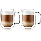 CNGLASS Large Double Wall Glass Coffee Mug 15.2oz,Clear Insulated Glass Espresso Cup with Big Handle,set of 2