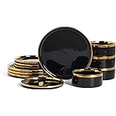 Christian Siriano Solene Stoneware Dinnerware, 12-Piece Plates and Bowls Set, Dish Set for 4, Black with Gold Rim, Glossy Finish, Hand Wash Only
