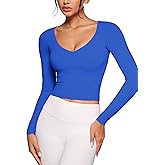 INGIA Womens V-Neck Long Sleeve Workout Crop Tops Slim Fit Padded Athletic Shirts Casual Yoga Gym Tops