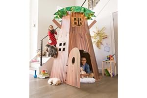 HearthSong Constructagons Big Tree Fort Indoor Fort-Building Kit with 4 Working Windows and Door, Approx. 7 Feet Tall x 5 Feet Diam., with Sturdy Cardboard Pieces and Hook and Loop Tape