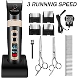 Pet Grooming Clippers, Focuspet Dog Clippers LED Screen Rechargeable Cordless 3 Running Speed Dog Grooming Clippers Kit Low Noise Electric Hair Trimming Clippers Set For Small Medium Large Dogs Cats