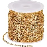 SUNNYCLUE 33 Feet/10M Gold Cable Chain Brass Chains Bulk 2 x 2.5mm Metal Extension Pull Connectors Curb Link Chains Roll with Plastic Spool for Jewelry Making Necklace Bracelets DIY Crafts Findings