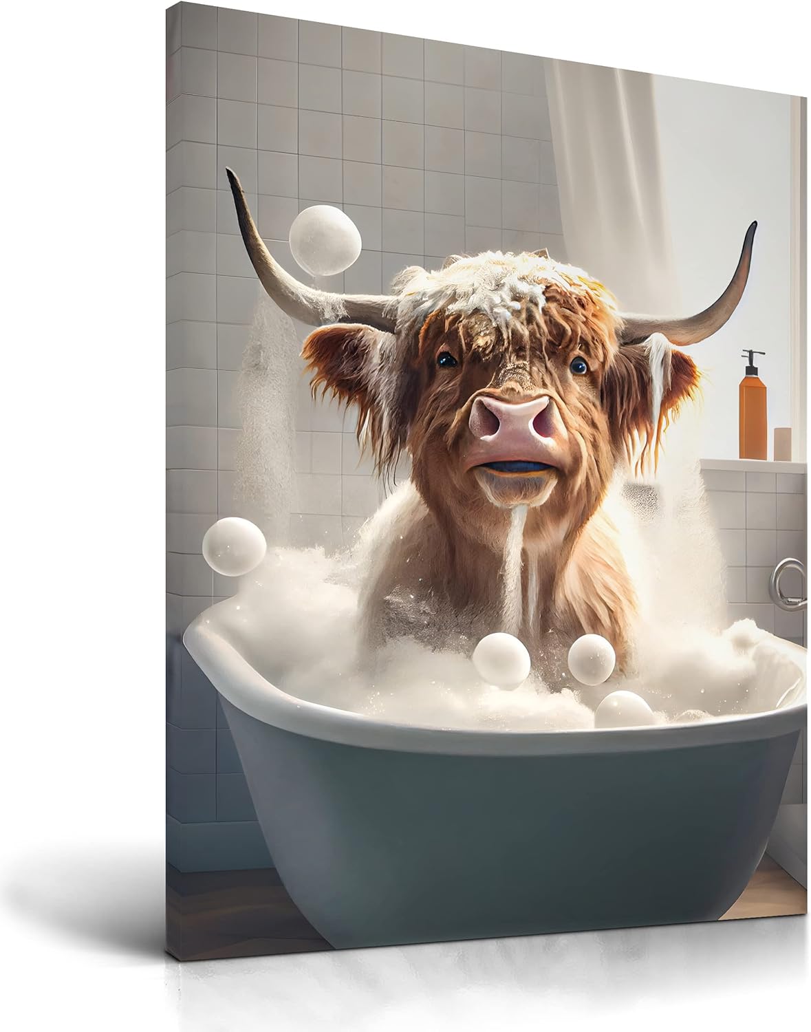 Wall Décor - UPWOIGH Funny Bathroom Wall Art Decor, Highland Cow Wall Art, Waterproof Wood Framed Canvas Wall Art Bathing Animals Abstract Prints, 12x16in High-end Pictures for Bedroom Kids Room 1 Pack