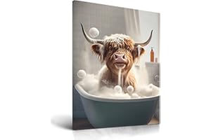 UPWOIGH Funny Bathroom Wall Art Decor, Highland Cow Wall Art, Waterproof Wood Framed Canvas Wall Art Bathing Animals Abstract Cute Poster Prints, 12x16in High-end Pictures for Bedroom Kids Room 1 Pack