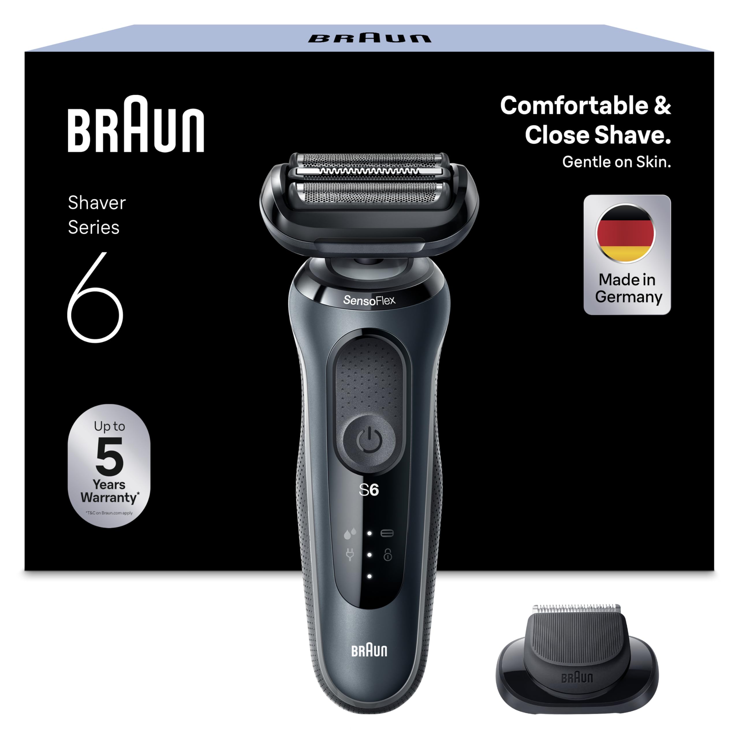 Braun Series 6 Elektrorasierer mit EasyClick Aufsatz, SensoFlex Rasierer Herren Elektrisch, Präzisionstrimmer, Wet & Dry, Geschenk Mann, Made in Germany, 61-N1200s, grau
