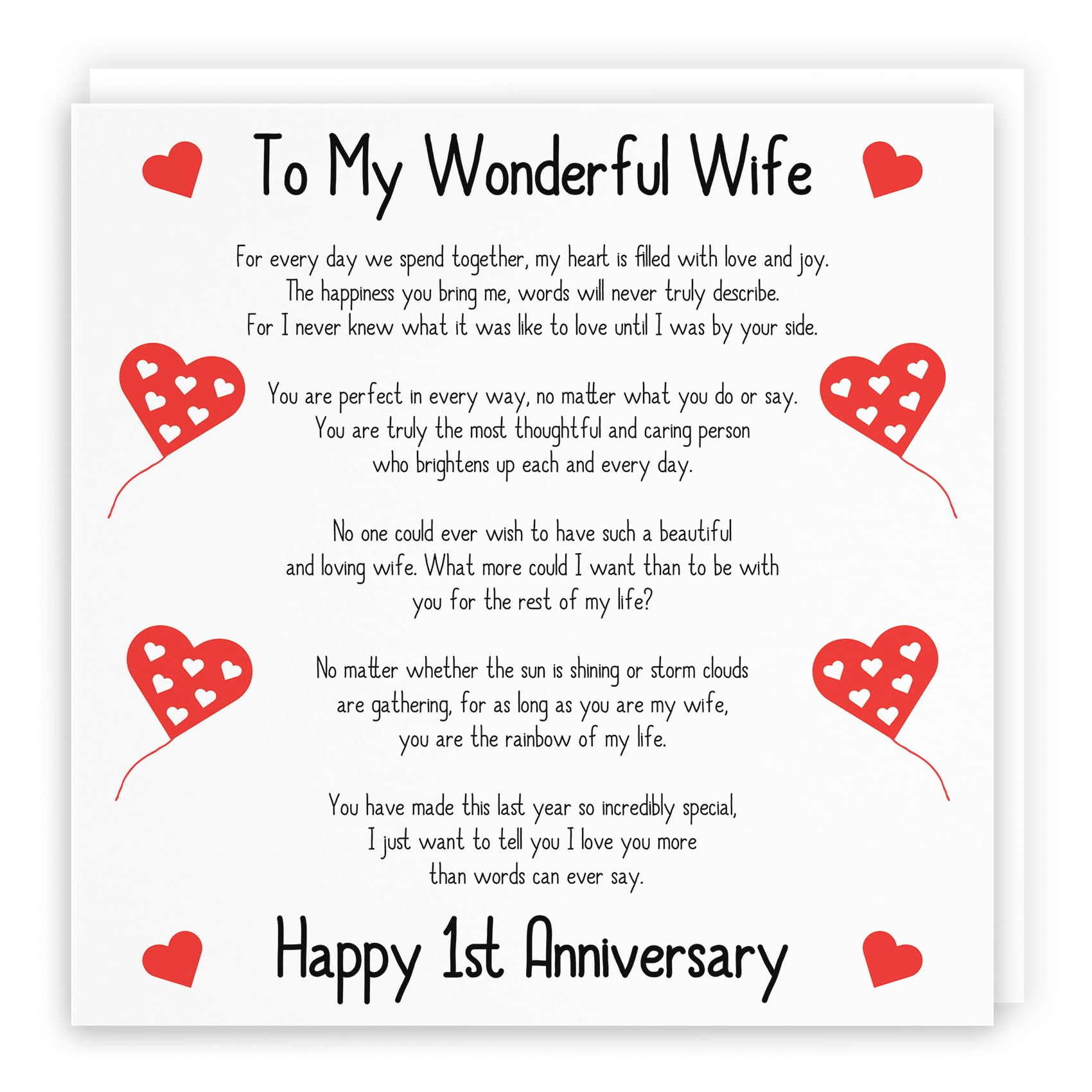 Hunts England - Romantic Wife 1st Wedding Anniversary Card - To My Wonderful Wife - Happy 1st Anniversary - Romantic Verses Collection