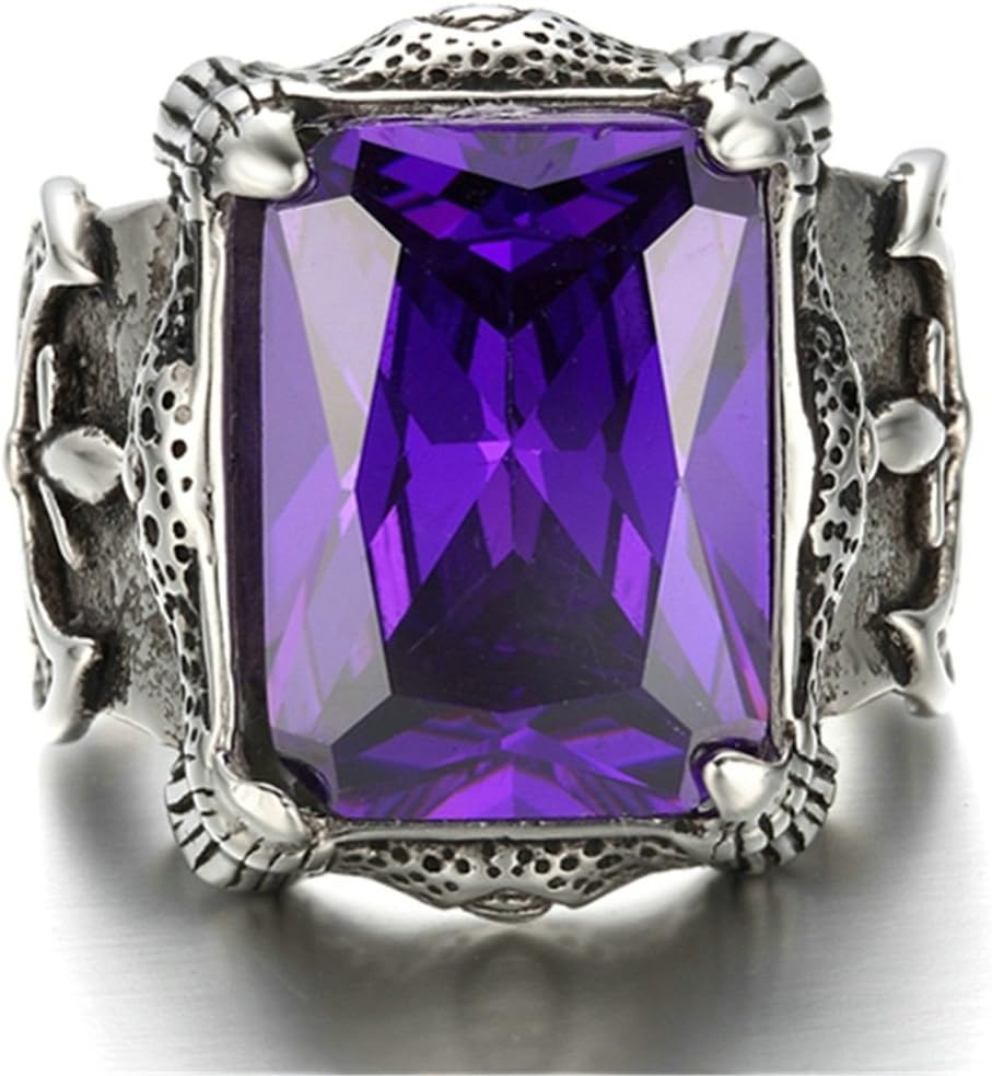 Alimab Stainless Steel Finger Rings Silver Black Dragon Claw Purple Zirconia for Men