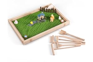 Z METNAL Japanese Zen Garden for Desk, Mini Small Farm Zen Garden Kit for Desk, Meditation Accessories Desktop Sandbox, Relaxing Claiming for Man Women, Green Sand with Wooden Tray, Not a Toy