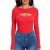 WXXYCS Sexy Cut Out Long Sleeve Tops for Women, Round Neck Ribbed Knit Fitted Tee T-Shirt,Open Chest Design for Going Out Tee