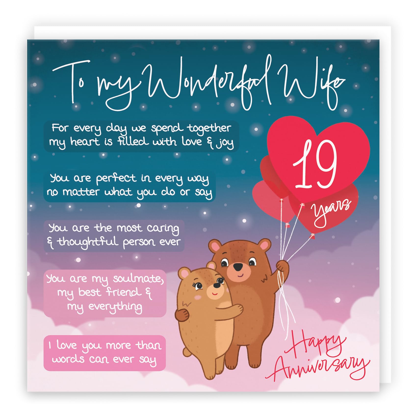Hunts England - Wife 19th Anniversary Card - Starry Night - Cute Bears - Verse 19th Anniversary Card For Wife - Cute Poem Wife Anniversary Card - Romantic Happy 19th Anniversary Wife Card