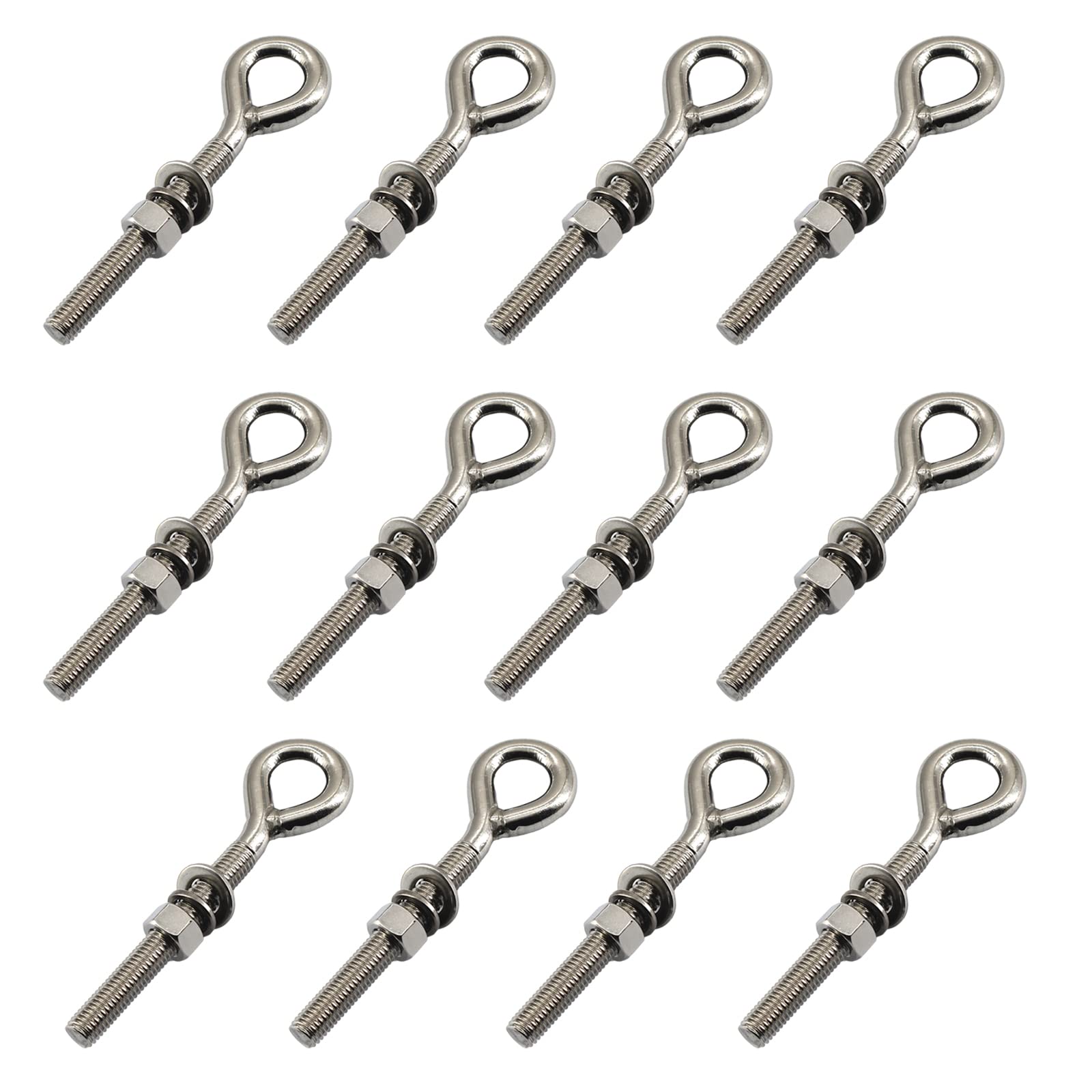 12Pcs M6 Stainless Steel Eye Bolt with Nut and Washers Long Shank Threaded Rod Ringbolt Closed Ring Eyelet Bolt
