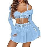 Avidlove Women's Sexy Lingerie Set Sheer Mesh Off Shoulder Bra Panty Ruffle Skirts 3 Piece Sets
