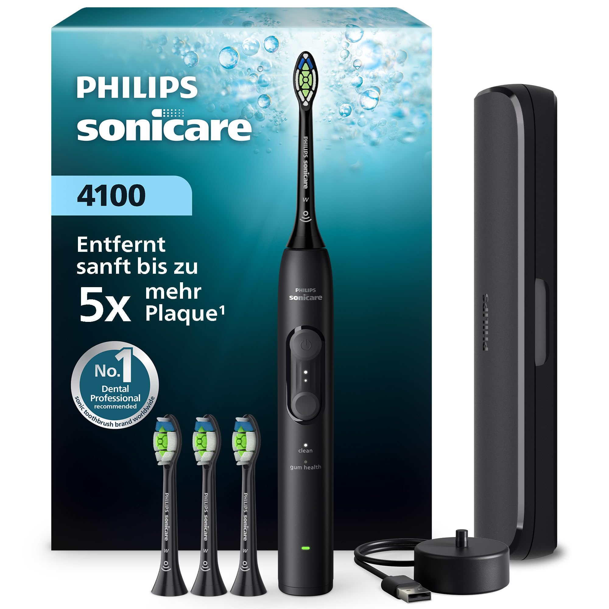 Philips Sonicare Series 4100 Elektrische Zahnbürste – Schallzahnbürste mit Drucksensor, 4 Putzeinstellungen, EasyStart, SmarTimer, 21 Tage Laufzeit, Reiseetui, Schwarz, HX4046/52, [Neu]