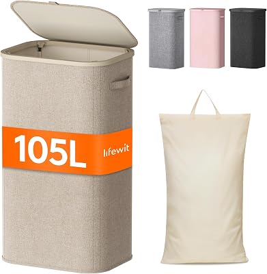 Cesto Portabiancheria, Cesta Panni Sporchi con coperchio, Laundry Basket con Plastica Manici, Porta Biancheria Sporca per Bagno, Lavanderia, Camera da Letto, 105 L, Beige