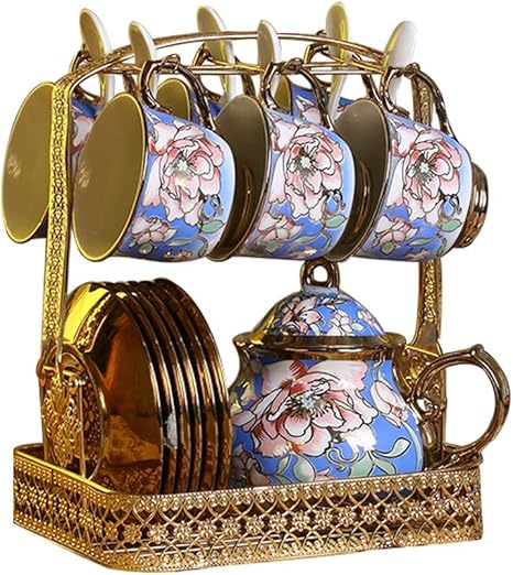 Amazon 英語14ピース磁器セラミックティーセット カップ ソーサーサービス6 ティーポット ソーサーメタル収納ラックとティースプーン ヨーロッパセラミックス家庭用アフタヌーンティーセット Color Wishful 茶入 茶壺 オンライン通販