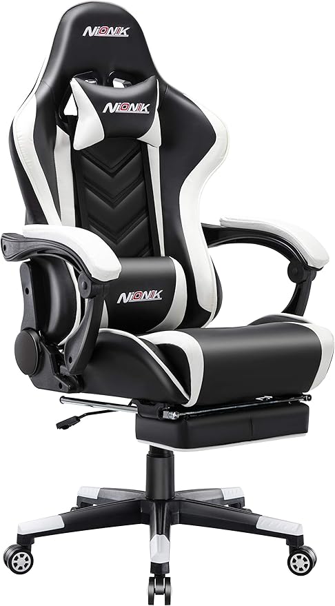 Amazon Co Jp Nionik ゲーミングチェア オットマン付き 腰部振動機能 振動パイプ内蔵 高反発ウレタン座面 オフィスチェア パソコンチェア デスクチェア リクライニング 腰痛対策 白 ホーム キッチン