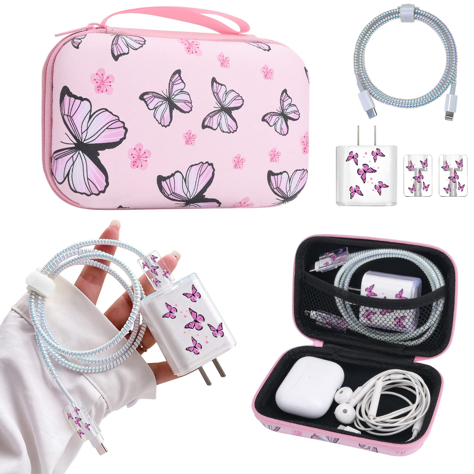Electronic Organizer Set with Portable Travel Organizer Bag Cable Organizer Flowers Pink Butterfly Design with Cute Cable Protector,Cable Saver Phone Charger Protector Case for iPhone/iPad — image 1