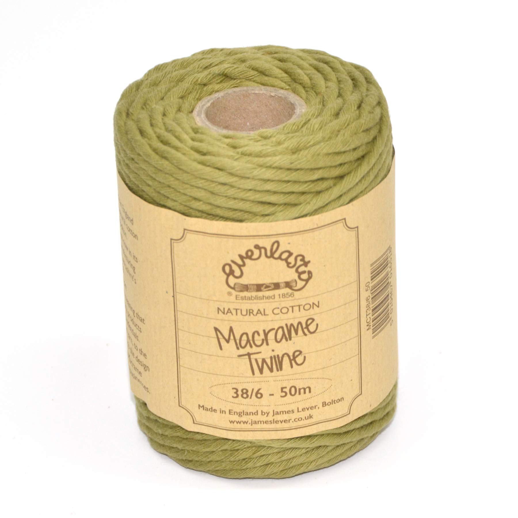 50M Spools - Everlasto Single Twist Soft Cotton Coloured Macrame Craft Twine 38/6 (4mm approx) (Sage Green)