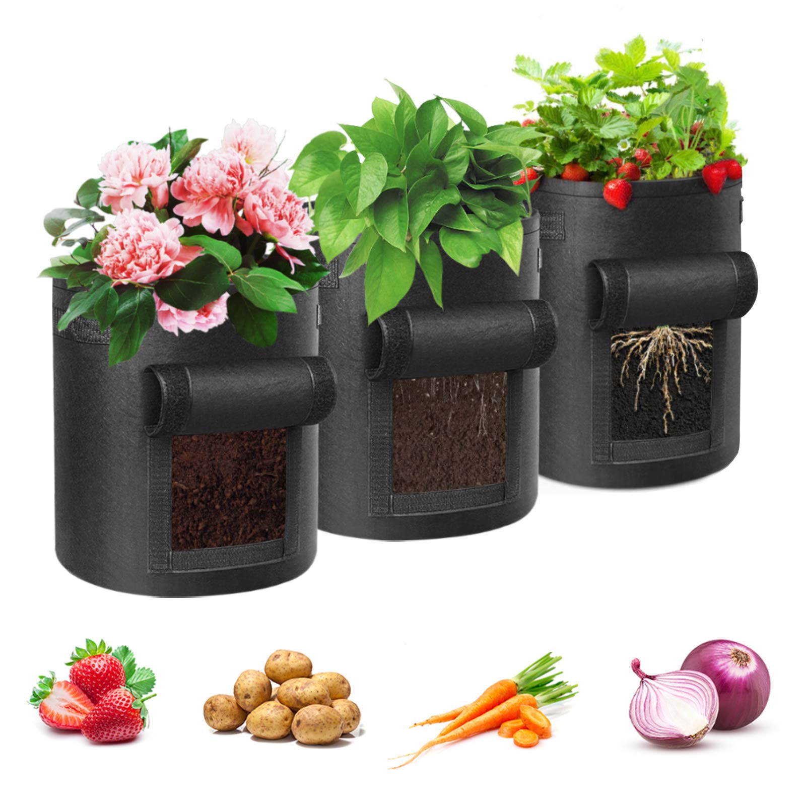 Potato Grow Bag, 3 Pack 10 Gallon Vegetable Grow Plant Bags Breathable Garden Growing Bag Planting Tomato Fabric Pots with Strap Handles and Access Flap for Vegetables, Fruits, Home Grow Bag (Black)