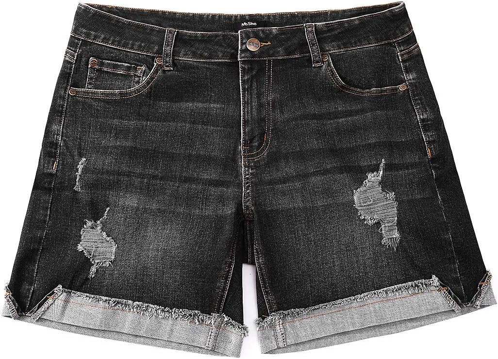 MSSHE Women's Plus Size Destroyed Washed Short Jeans Pants Denim Shorts