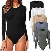 CE' CERDR 4/5 Pack Long Sleeve Bodysuit for Women Round Neck Casual Stretchy Basic Shirts Crew Neck Body Suits Tops