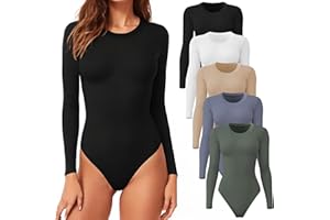 CE' CERDR 4/5 Pack Long Sleeve Bodysuit for Women Round Neck Casual Stretchy Basic Shirts Crew Neck Body Suits Tops