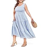 Women's Plus Size Summer Casual Maxi Dress Ruffle Sleeveless Plaid Smocked Tiered Long Dresses with Pockets