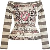 SOLY HUX Women's Y2k Off The Shoulder Top Grunge Striped Graphic Tees Long Sleeve Tshirts Slim Fit Going Out Tops