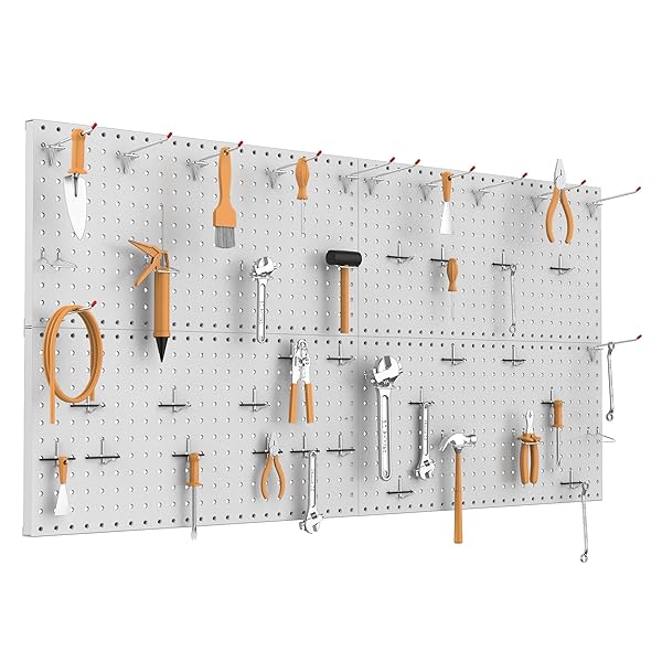 TORACK 4 PCS METAL PEGBOARD PANELS(12″ X 24″) FOR WALL, GARAGE TOOLS ORGANIZER PEGBOARD FOR WORKBENCH, MODULAR PEG BOARD, TOOL ORGANIZER BOARD KIT(PACK OF 4, GREY)